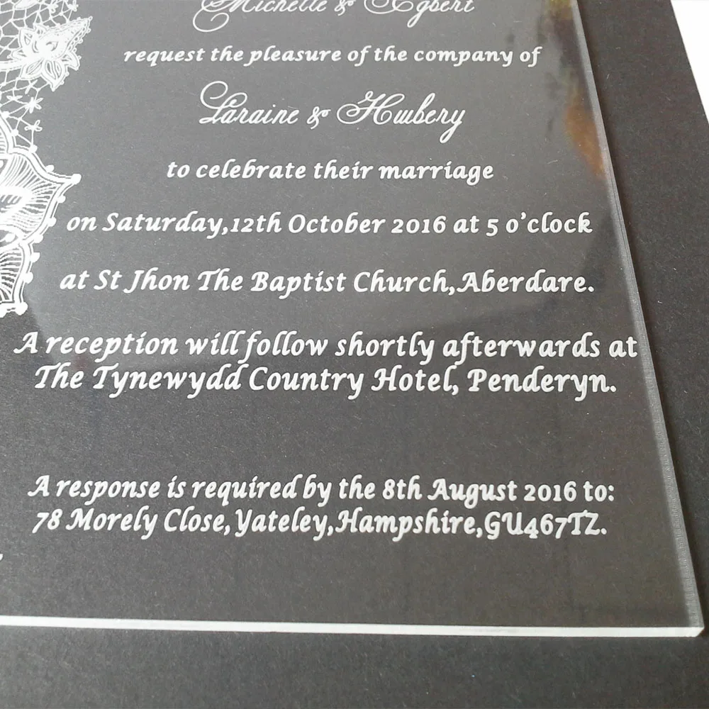  Customized 180*120mm laser engraved lace pattern clear acrylic wedding invitation card (1lot=100pcs - 32765591710