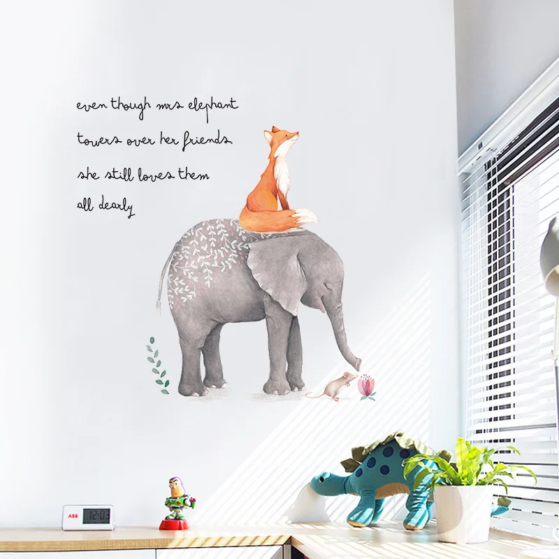 Cartoon animal wall stickers painting cute red fox sitting on elephant letters decorated wall sticker for kids room wall decals
