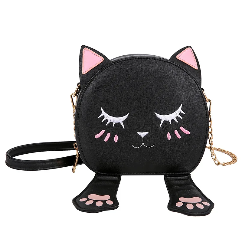 

Artificial Leather Cute Cat Round Small Lady Shoulder Crossbody Bags Embroidery Mini Women Bag for 2019