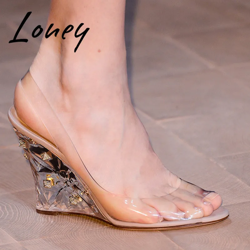

Loney New Clear Transparent PVC Summer Sandals Open Toe Slip On Crystal Heel Summer Sandals Shoes Women