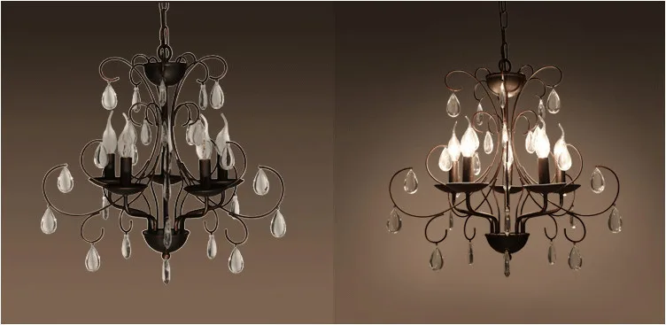 Nordic America vintage rural style retro rustic creative antique iron crystal pendant lamp with 5 candle bulbs