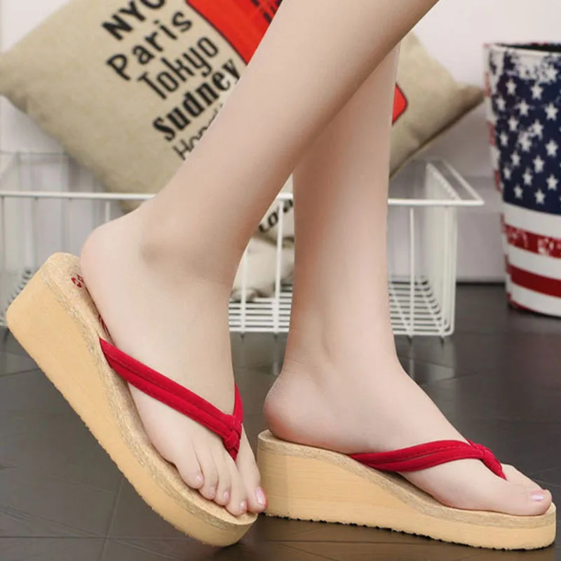 

CPI 2018 New Women Summer Black Shoes Stretch Fabric Flip Flops Beach Sandals Casual Wedge Platform Slippers Sandales YJ-28