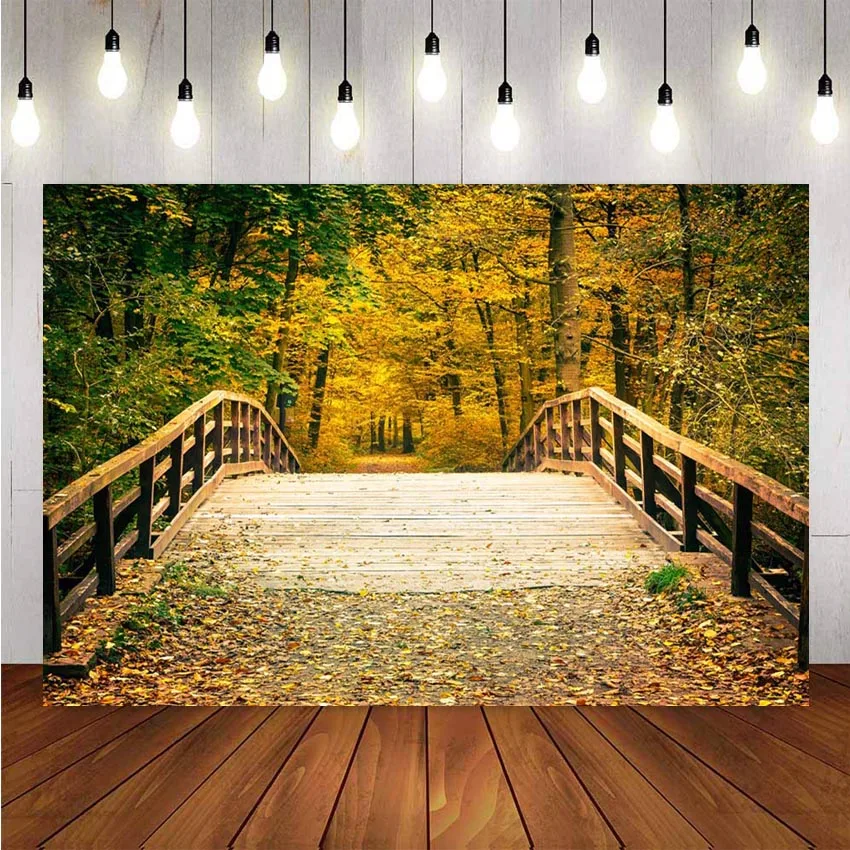 

NeoBack Fall Autumn Forest Photography Backdrops Wooden Bridge Photo Background Vinyl Photo Studio