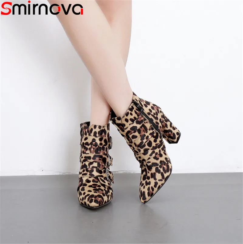 

Smirnova 2019 new ankle boots for women pointed toe buckle thick high heels shoes Leopard Print elegant ladies prom boots women