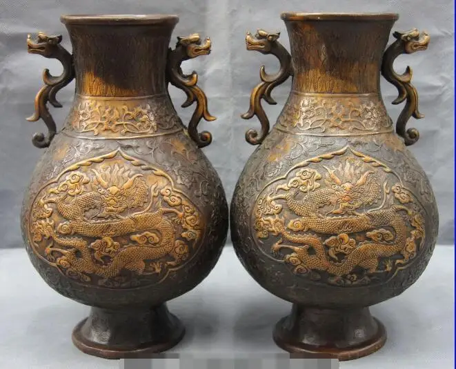 

song voge gem S6217 13 China Bronze Copper Statue Dragon God Palace Royal Flask Pot Bottle Vase Pair