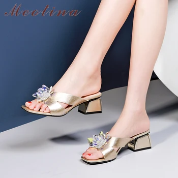 

Meotina Women Slides Summer Shoes Natural Cow Leather Crystal Chunky High Heel Shoes Genuine Leather Flower Slipper Lady Sandals