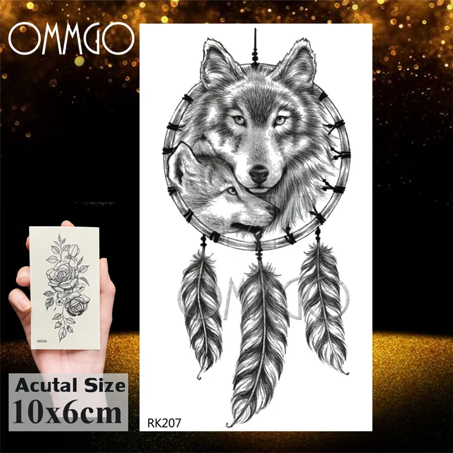 OMMGO Черный волк лес племенное тату перо Временная Наклейка дерево яростное животное поддельные татуировки для мужской боди-арт Пользовательские Татуировки