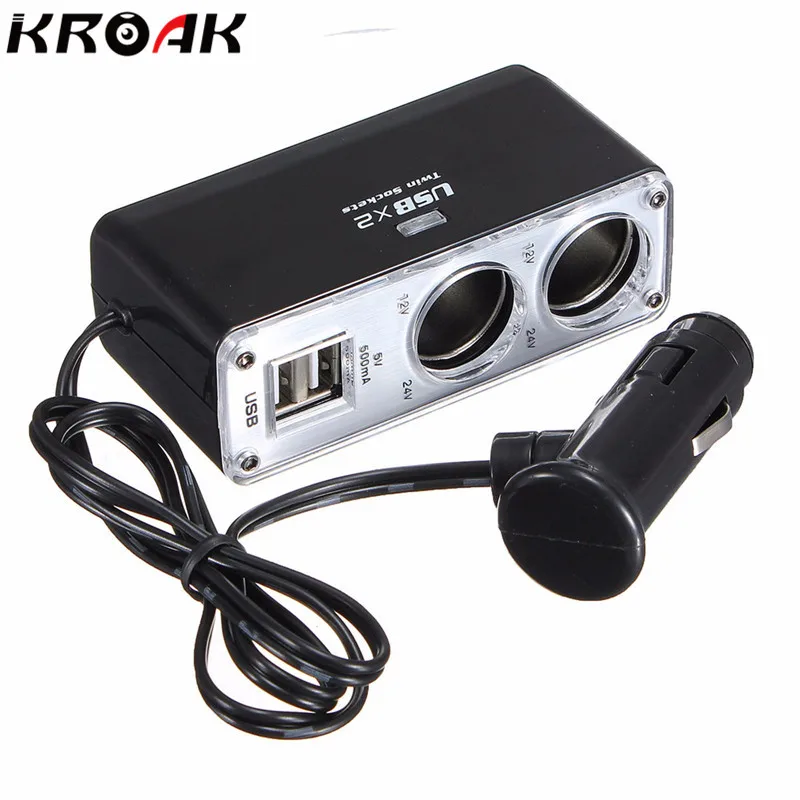 USB 2 порта 2 Way Автомобильный адаптер питания прикуриватель гнездо разветвитель адаптер зарядное устройство DC 12 ~ В 24 в прикуриватель гнездо черный - изображение