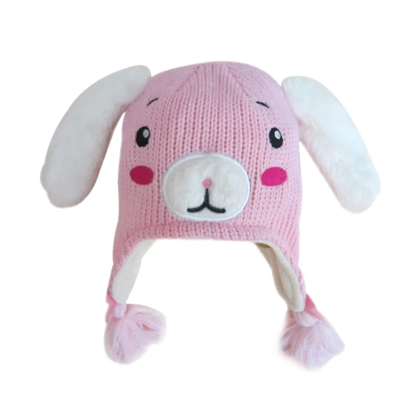Cute Rabbit Baby Hat For Girls Cotton Knitted Pattern Kids Beanie Pink Girls Hat With Ears Thick Double Layer Warm Winter Hat  (2)