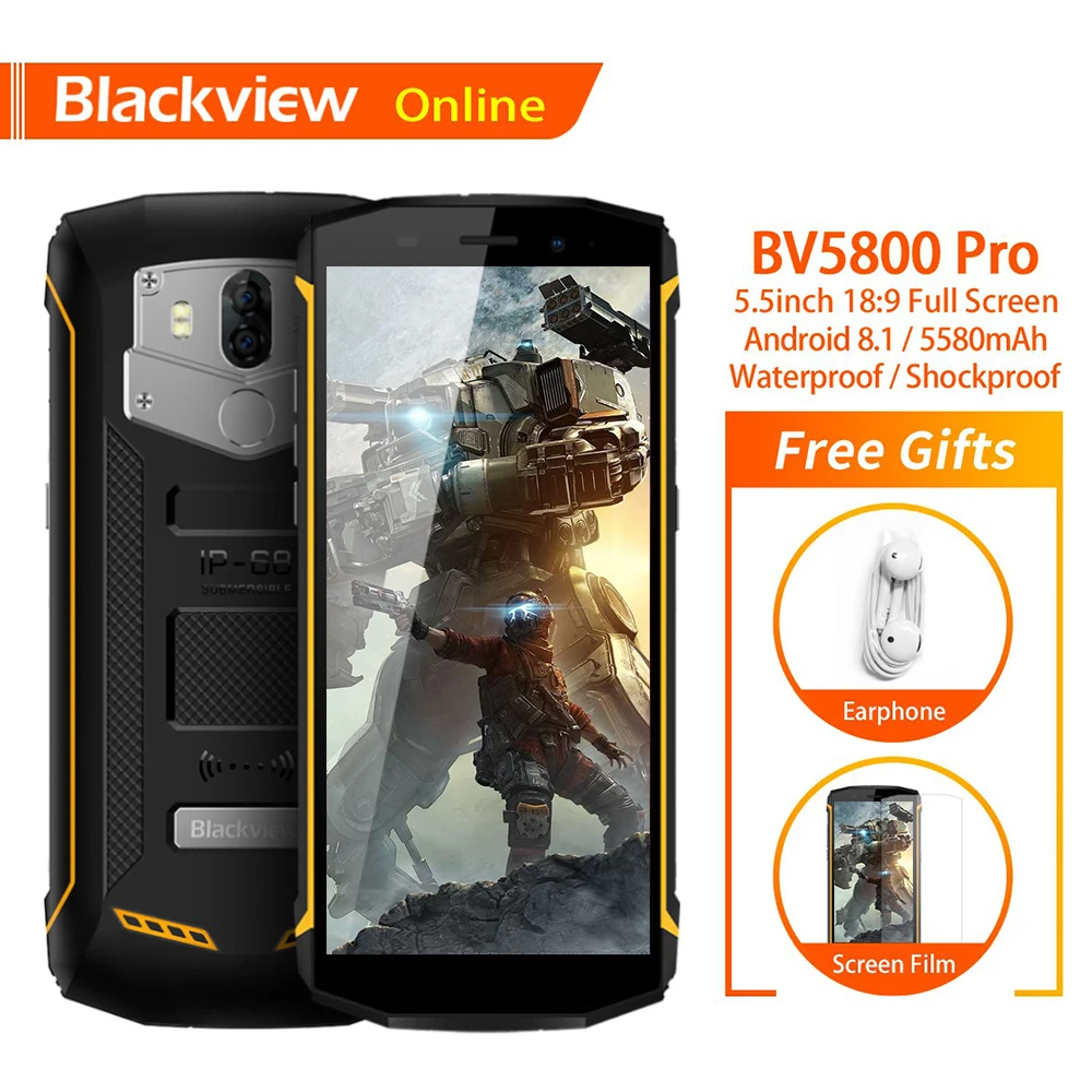 Blackview BV5800 Pro 5,5 "IP68 Водонепроницаемый смартфон MT6739 Quad-Core 2 Гб + 16 GB Батарея 5580 mAh Беспроводной зарядки 18:9 мобильный телефон