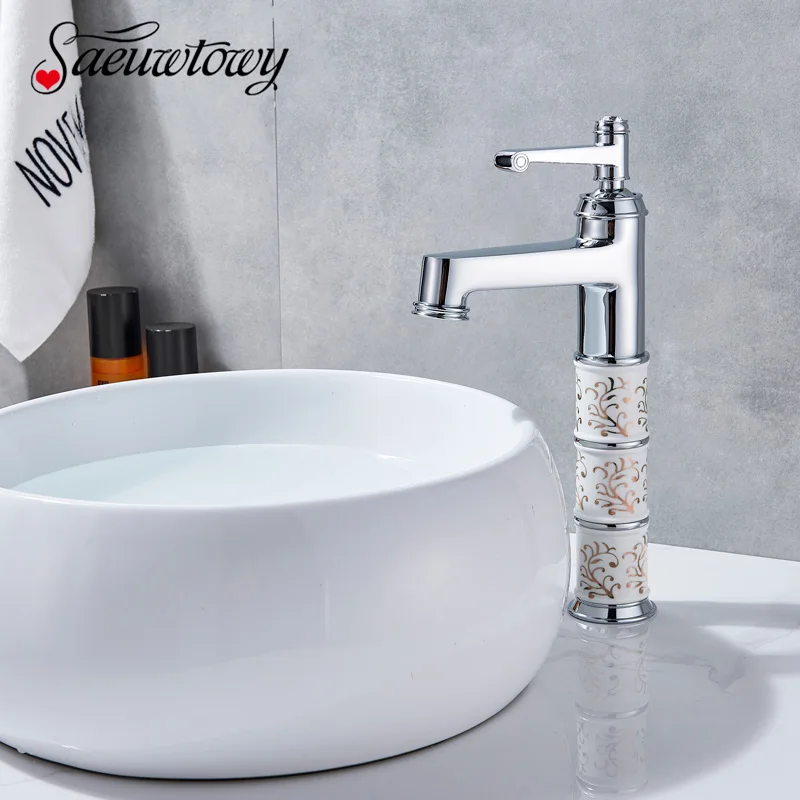 

Saeuwtowy Chrome Basin Faucet Deck Mounted Hot & Cold Mixer Tap Single Handle One Hole Porcelain Pattern