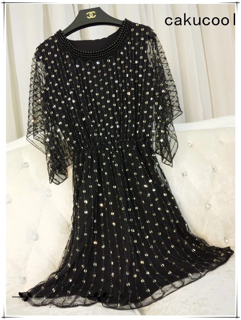 

Cakucool Women Summer Pearl Beading Dress Short Flare Sleeve Chiffon Vestido O-neck Empire Partyclub Vocation Elegant Dresses