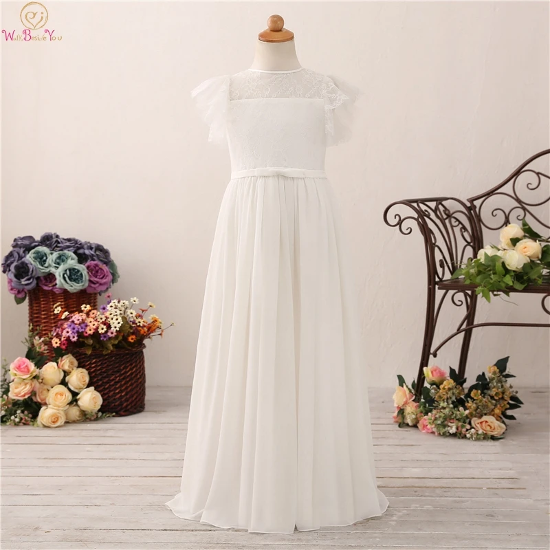 

Lovely Lace Flower Girls A Line Dresses For Weddings Short Sleeve Sheer Chiffon Kids First vestido Communion Pageant Gowns 2019