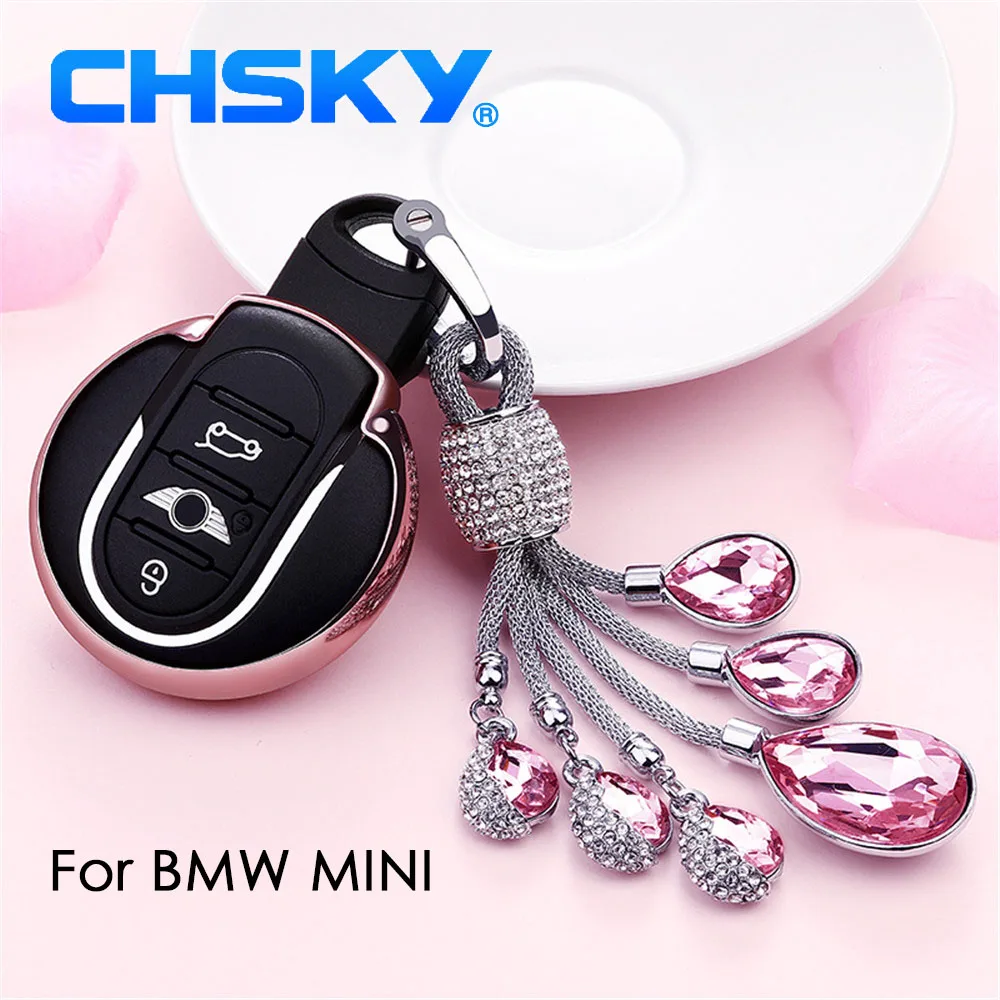 

CHSKY Car Styling TPU Car Key Case Shell Crystal Chain For BMW MINI Cooper S R50 R53 F54 F55 Car key Cover Case Car Accessories