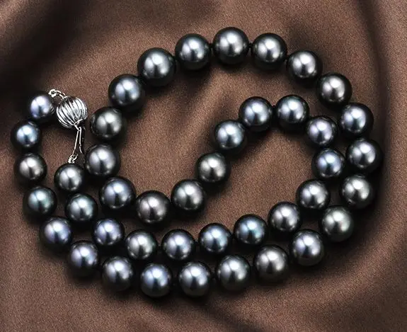 

Genuine Natural 10-11mm tahitian black Pearl necklace 18inch 925silver (9.13)