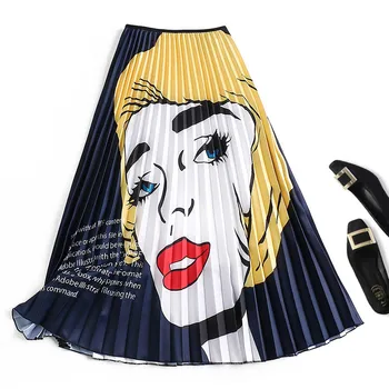 

Long Skirts Women 2019 Summer New Pleated Skirts High Waist Avatar Printed Skirt Colorful Large Swing Fashion Skirts Midi Skirt