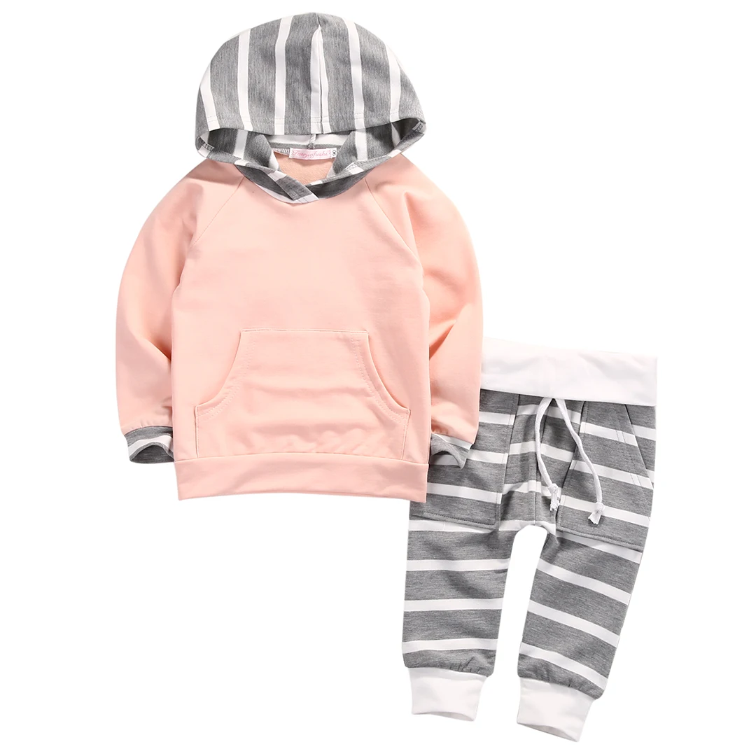 

Hot 0-4Y Toddler Baby Boy Girl Clothes Long Sleeve Hooded T-shirt Tops and Striped Pant 2PCS Outfit Kids Clothing Set Tracksuit