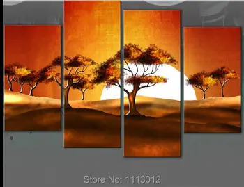 

Abstract Africa SunSet Sunrise Tree Oil Painting Hand Painted 4 Panel Arts Set Home Decor Modern Wall Picture For Living Room