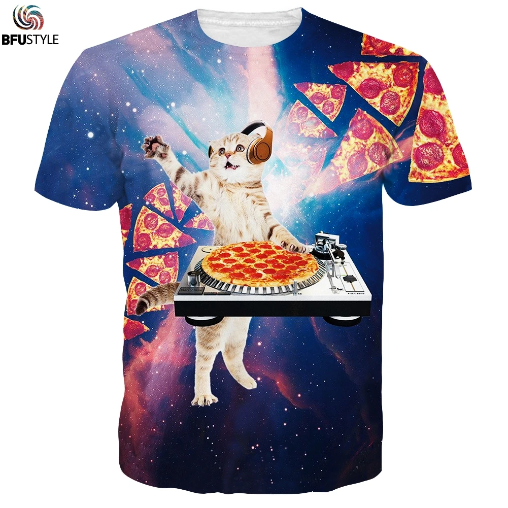 Футболка для мужчин piпиццы космическая Galaxy DJ с котом Camisetas Divertidas o вырезом летняя