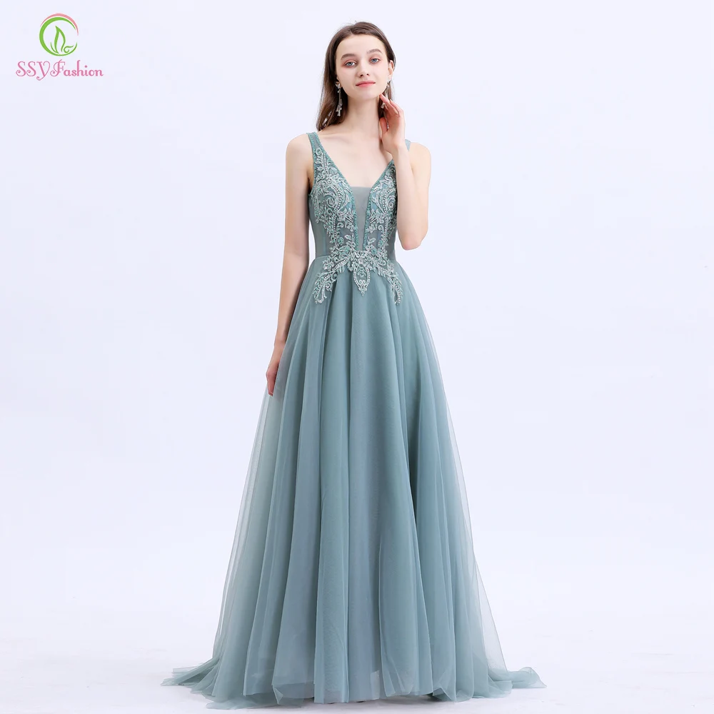 SSYFashion, новинка, Vestido De Noche, женское, для банкета, элегантное, вечернее платье, v-образный вырез, кружево, аппликация, бисер, длинные, вечерние, официальные платья