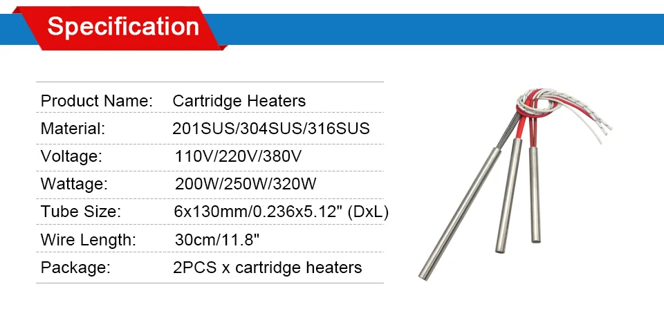 LJXH 200 Вт/250 Вт/320 Вт картридж нагревательный элемент, 6x130 мм/0,236x5,1", AC110V/220 V/380 V