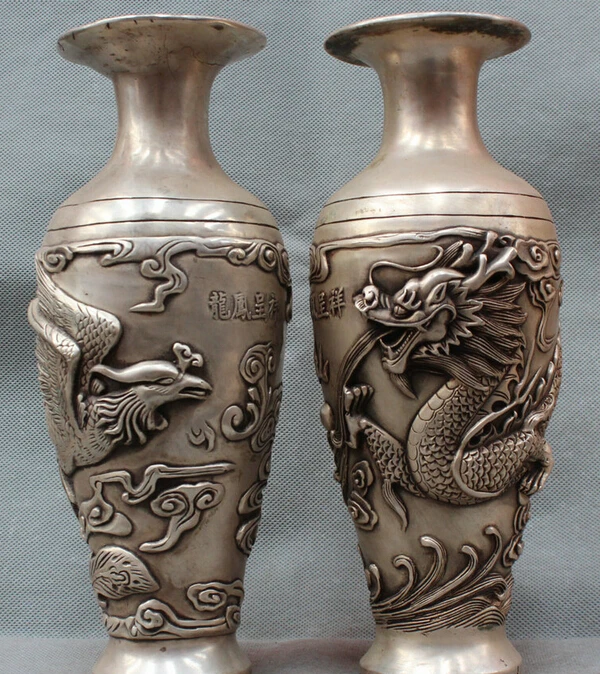 

11" Marked China Chinese Dynasty Palace Silver Dragon Phoenix Statue Vase Pot R0710 B0403