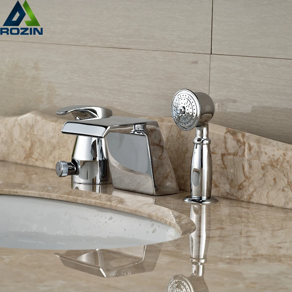 

Polished Chrome Single Handle Waterfall Bathtub Mixer Faucet with Handheld Shower Deck Mount 3pcs