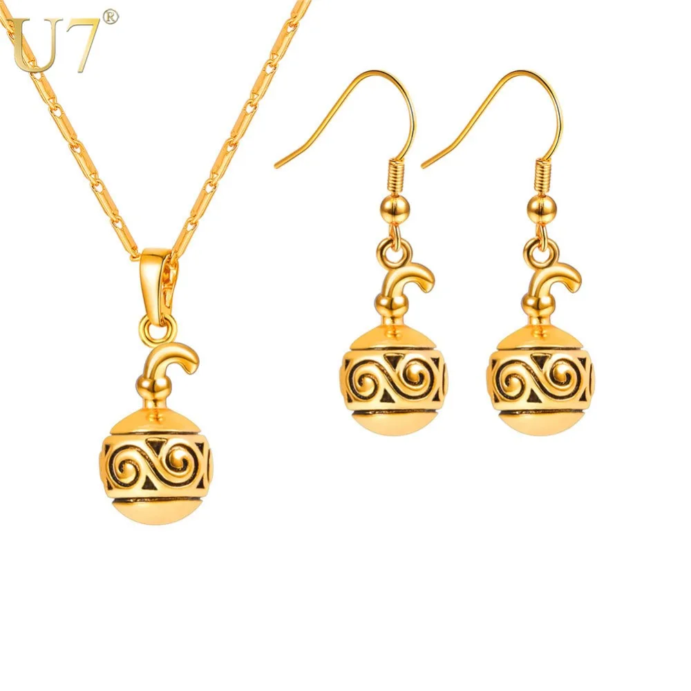 

U7 Vintage Pattern Round Pendant Necklace With Dangle Earrings Jewelry Sets For Women Unique Papua New Guinea Accessories S1026