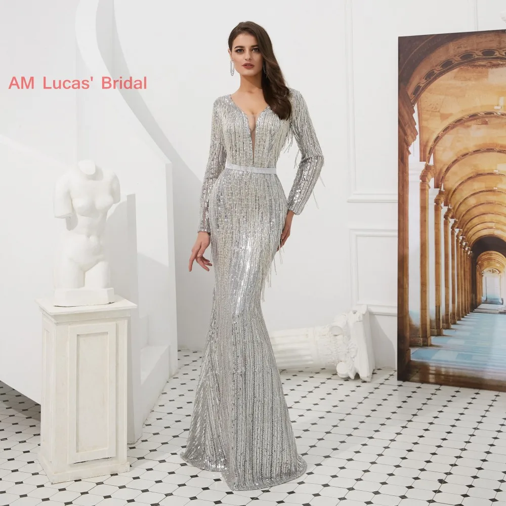 Silver Glitter Mermaid Evening Dresses Prom Gown With Long Sleeves