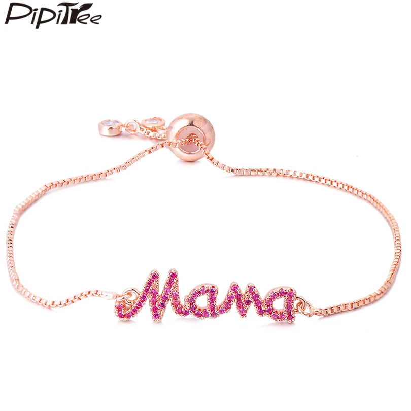 

Pipitree Pink & Blue CZ Zircon MaMa Letter Charm Bracelet Mother's Day Gift Copper Chain Bracelets Bangles Jewelry for Women