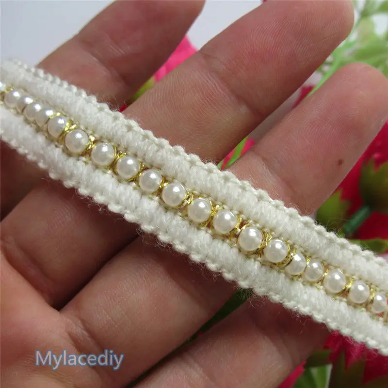 1 Yard 15mm Vintage Cotton Pearl Beaded Gold Line Embroidered Lace Edge