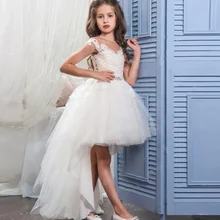 Удлиненной спинкой короткое спереди и длинное платье с цветочным узором для девочек для свадебного торжества для девочек, аппликация из белого кружева принцесса Святое Причастие вечерние платья