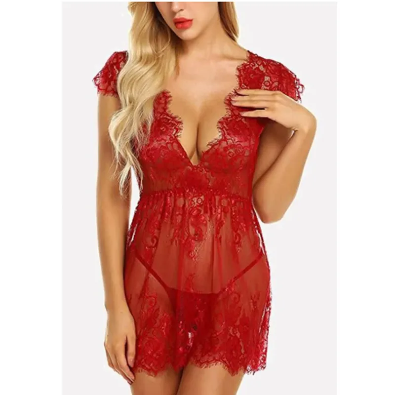 Красный Сексуальное женское нижнее Белье для сна Babydolls стринги кружева цветочные женские прозрачные Глубокий V Нижнее белье Ночное платье - Цвет: Красный