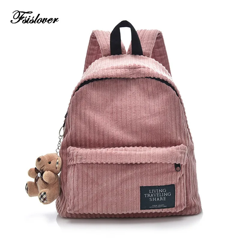 

School Bag for Girl Vintage Corduroy Solid Travel Backpacks Striped Pompon Cute Shoulder Bag Mochila Escolar Feminina Sac A Dos