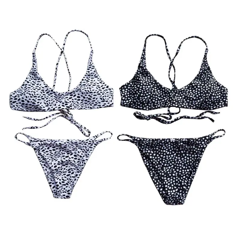 

Women Sexy Two Piece Bikini Set Leopard Irregular Dot Digital Printing Swimsuit Criss Cross Lace Up Backless Bra Low Waist G-Str