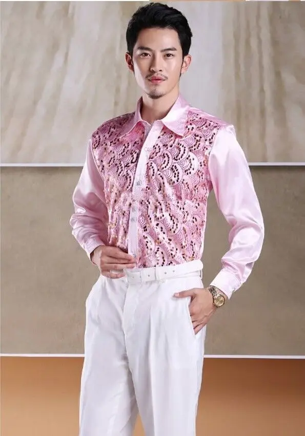 

Shiny Sequins Mens Formal Casual Shirts Slim Fit Groom Groomsmen Dress Shirts Long Sleeves shirts