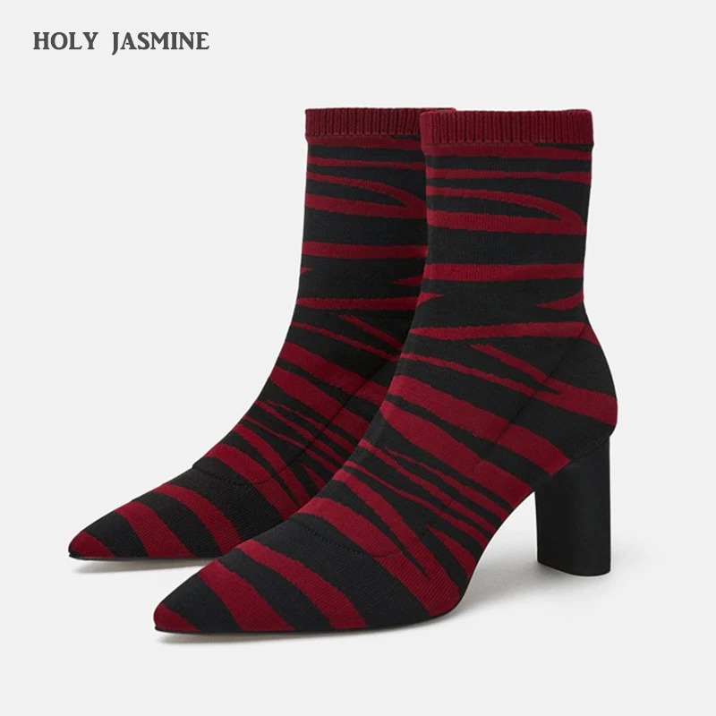 

2019 Women's autumn and winter knitted velvet high heel ankle boots personality color matching letters stretch boots high heels