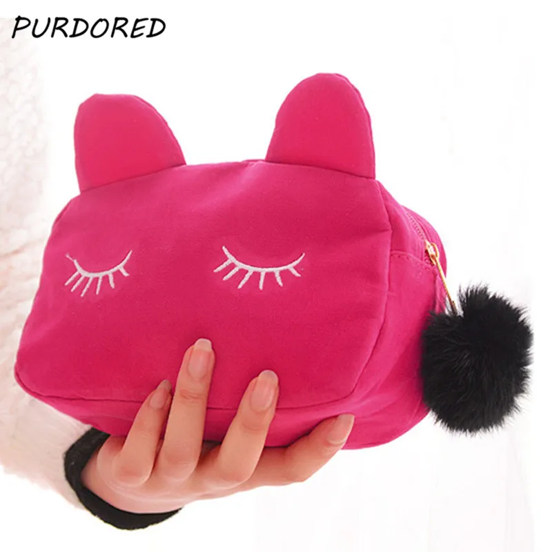 PURDORED 1 قطعة الكرتون القط حقيبة سفر لمستحضرات التجميل سستة حقيبة أموال التخزين المنظم مع الكرة الطالب قلم رصاص محفظة دروبشيبينغ