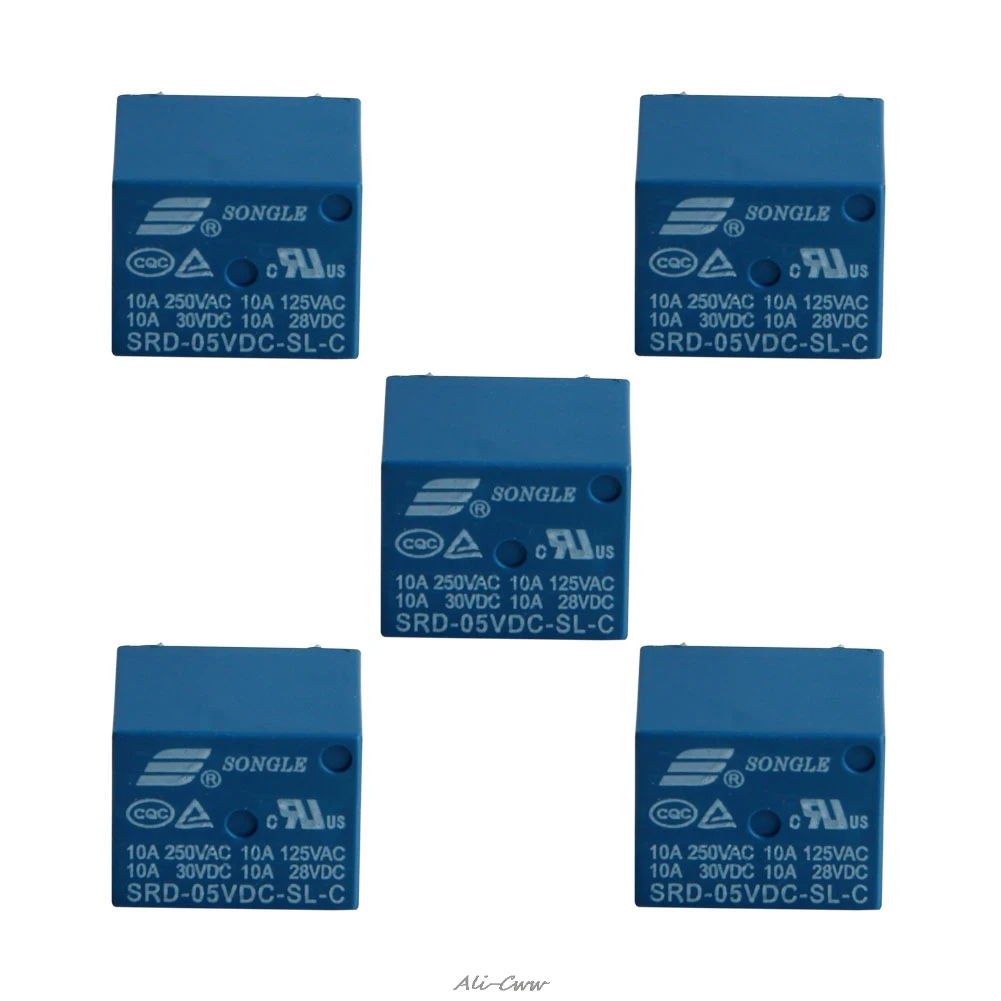 

5Pcs Mini 10A 5V DC SONGLE Power Relay SRD-5VDC-SL-C PCB Type