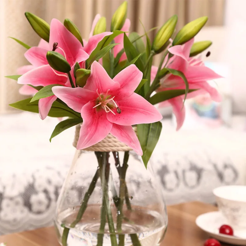 

1pc 3 heads real touch PVC Artificial Silk Lily Flower Wedding Garden Decoration Home Farmhouse Decor Festival Gift A6540