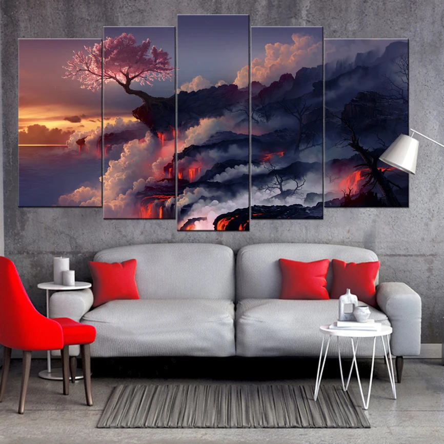 Дерево цветок на вулкан Картины 5 шт(без рамки) Printd на холсте искусства современный дом стены искусства, HD печати живопись