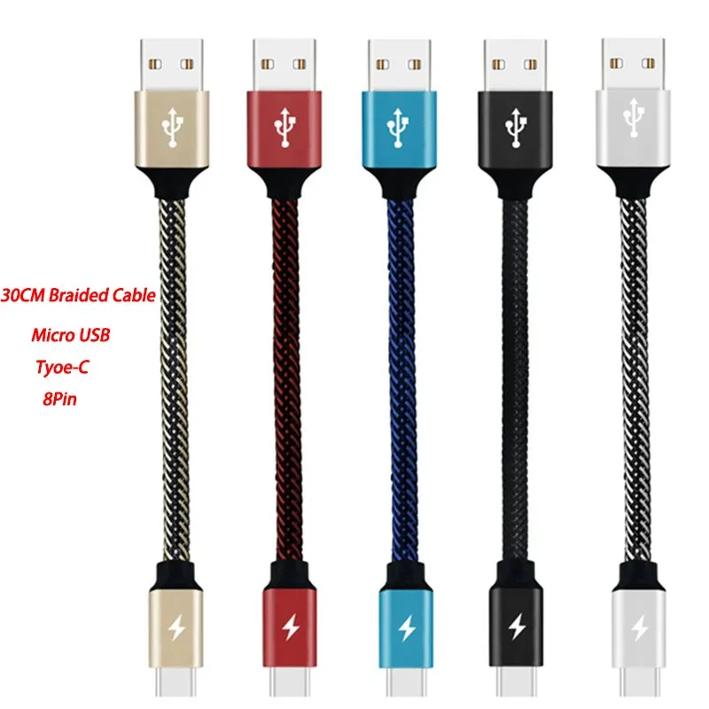 

30CM 3A Fast Charger Cable Micro USB/Type C Braided Power Bank Cable For Iphone Samsung Galaxy S8 S9 Plus Redmi Note 4 5 4X Plus