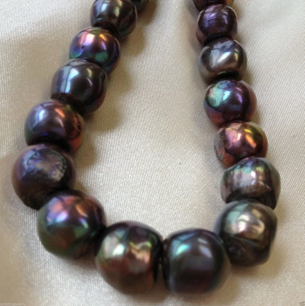 

huij 00495 12-15mm Genuine Freshwater Pearl Cultured Loose Bead Black Round Baroque 15''