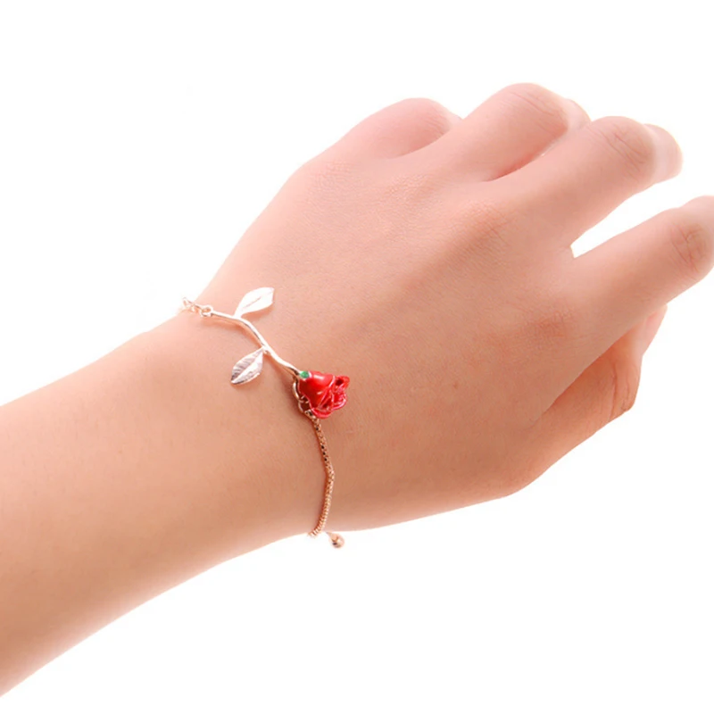 

IYOE Rose Flower Charm Bracelet Red For Women Wedding Bangle Chain Link Romantic Wrap Bracelets Homme Girl friend Birthday Gifts