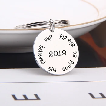 

FLYANGEL 2019 Fashion Round Keychain Stamped Bag Charm She Believed She Could So She Did Mini Keyring Graduation Gifts