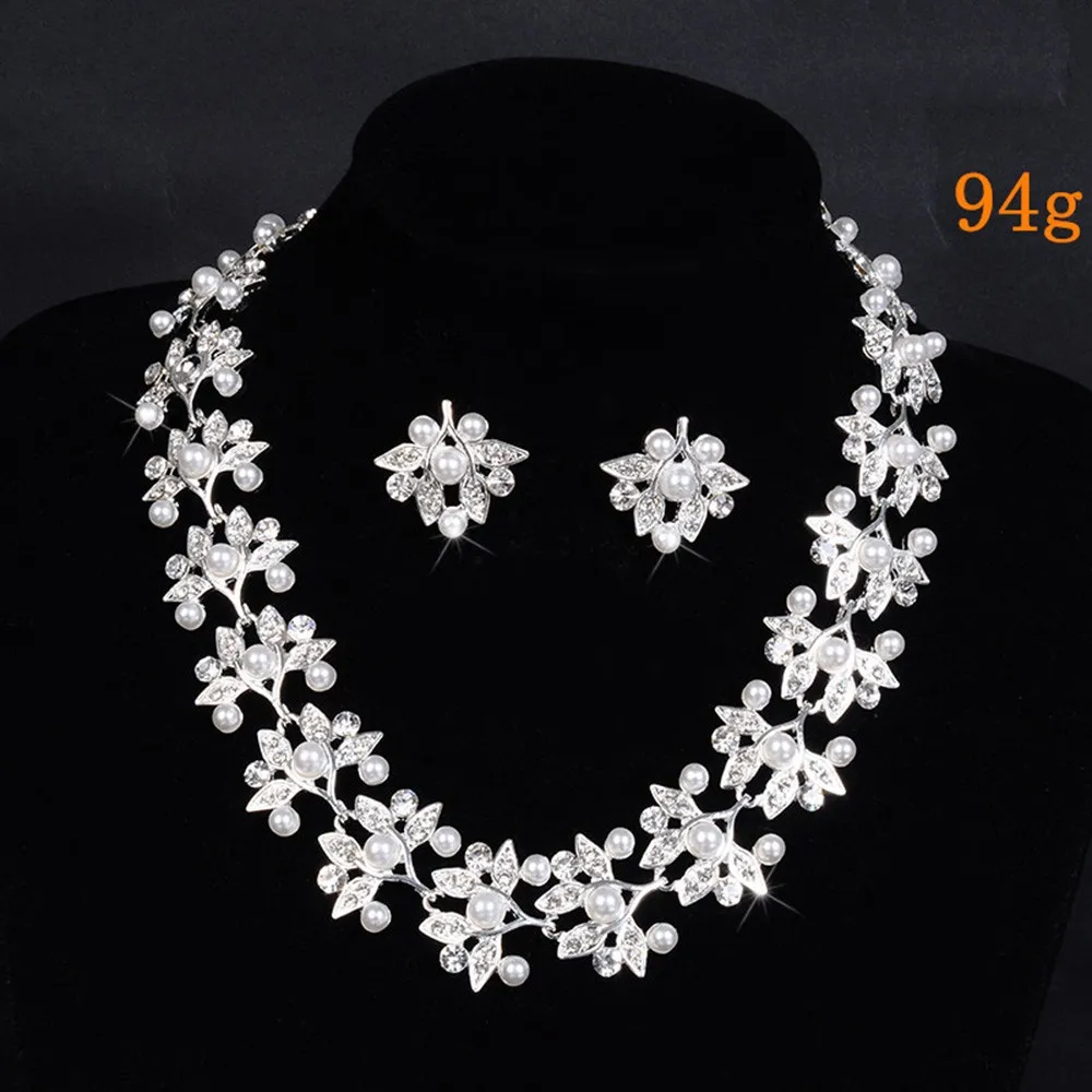 leaf flower links chain pearl necklace for women bridal jewelry set party silver plated wedding accessories opal jewels D032 (3)