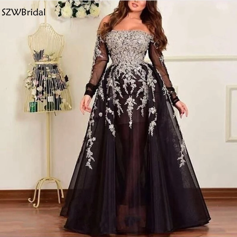 

New Arrival Black Long sleeve Evening dresses 2019 Arabic evening dress party Lace beading evening gowns