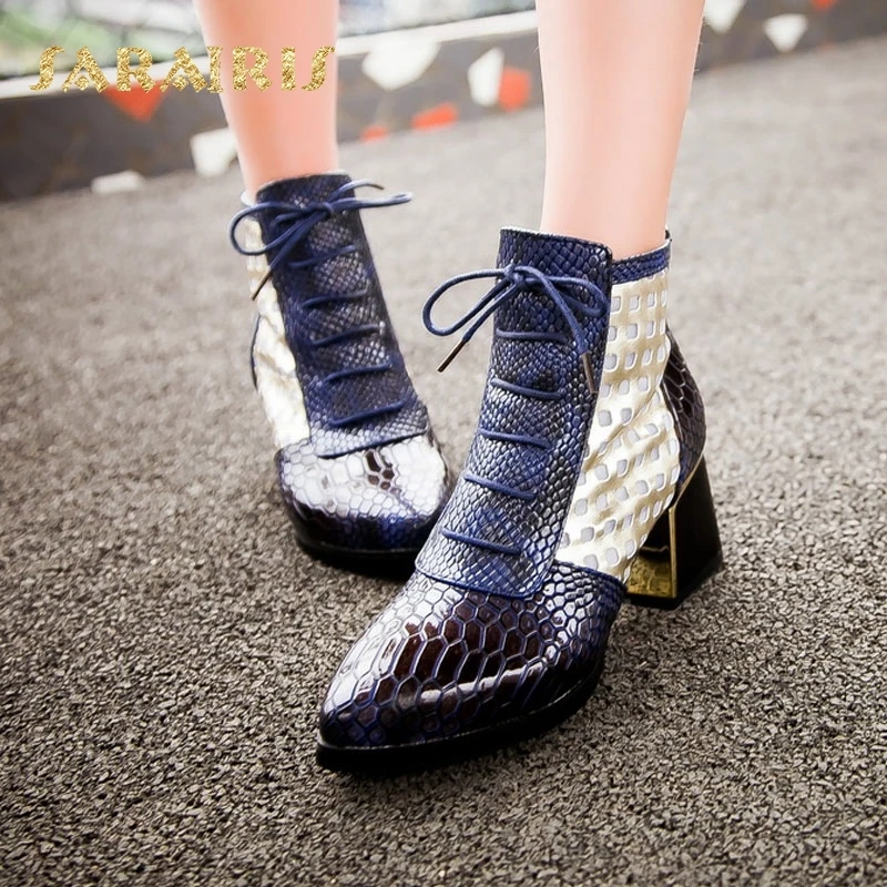 

SaraIris Vintage Square Heels Pointed Toe Lace Up Breathable Lace Upper & Snakeskin Printed Summer Shoes Woman Ankle Boots