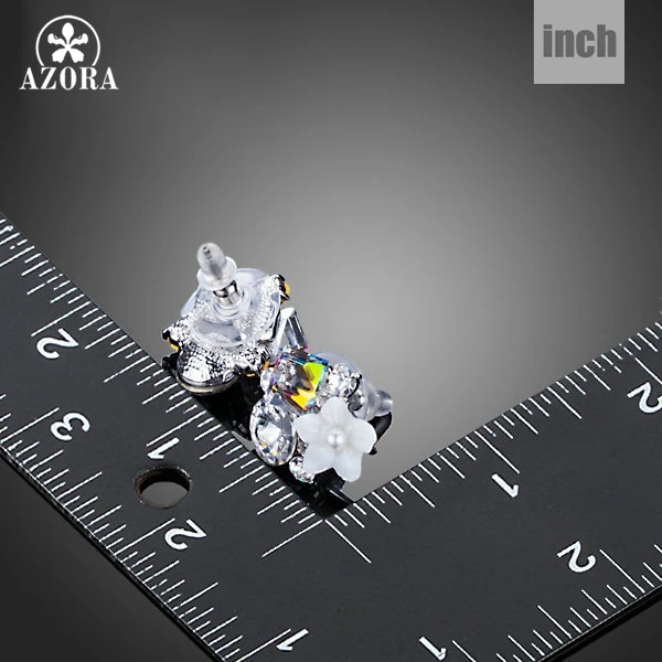 AZORA New Small White Shell Flower With Multicolour Stellux Austrian Polyhedron Crystal Stud Earring for Women TE0270