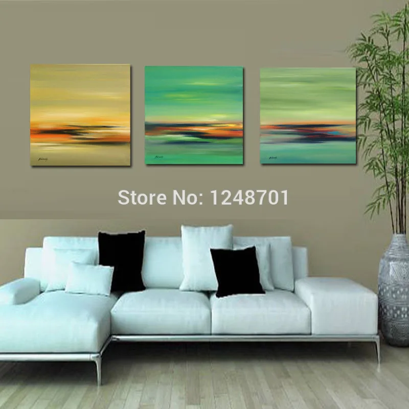 

Hand Painted Abstract 3 pieces oil paintings on canvas three color abstract art yellow orange, green, for decoration